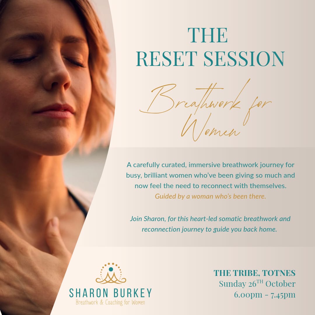 A woman taking a deep breath alongside written information on a breath work session being held in Totnes